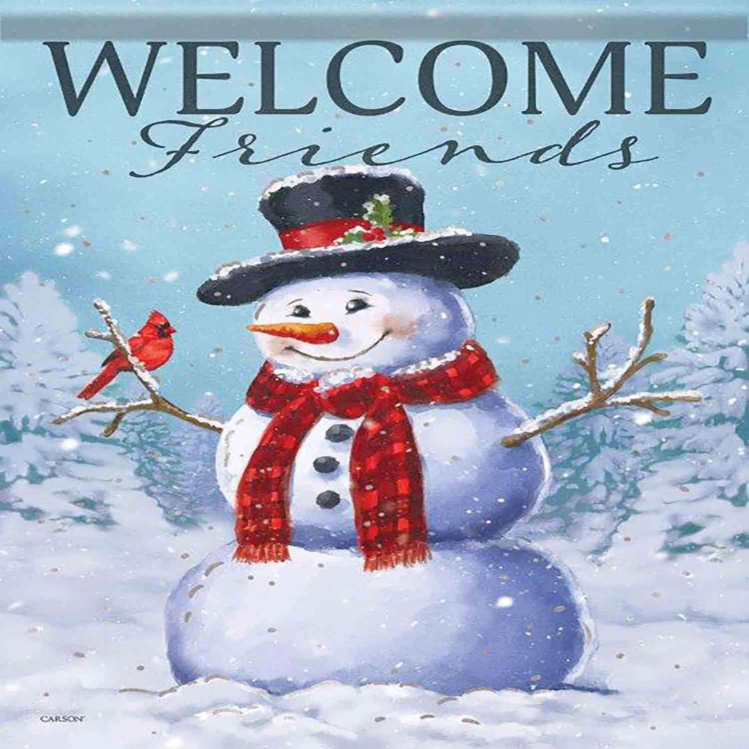 Grand drapeau hiver bonhomme de neige et cardinal