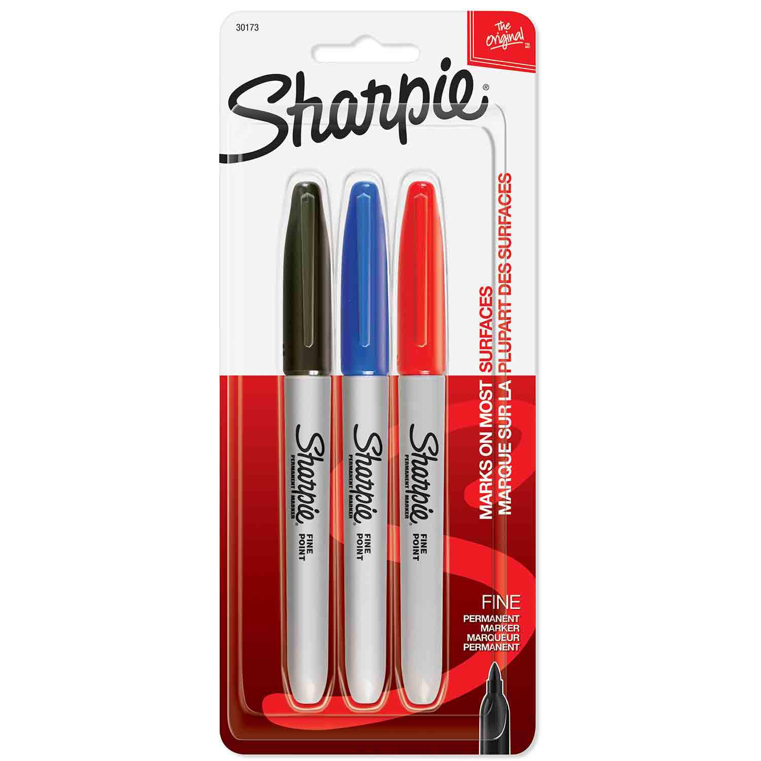 Marqueur pointe fine Sharpie noir, bleu, rouge - 3/paquet
