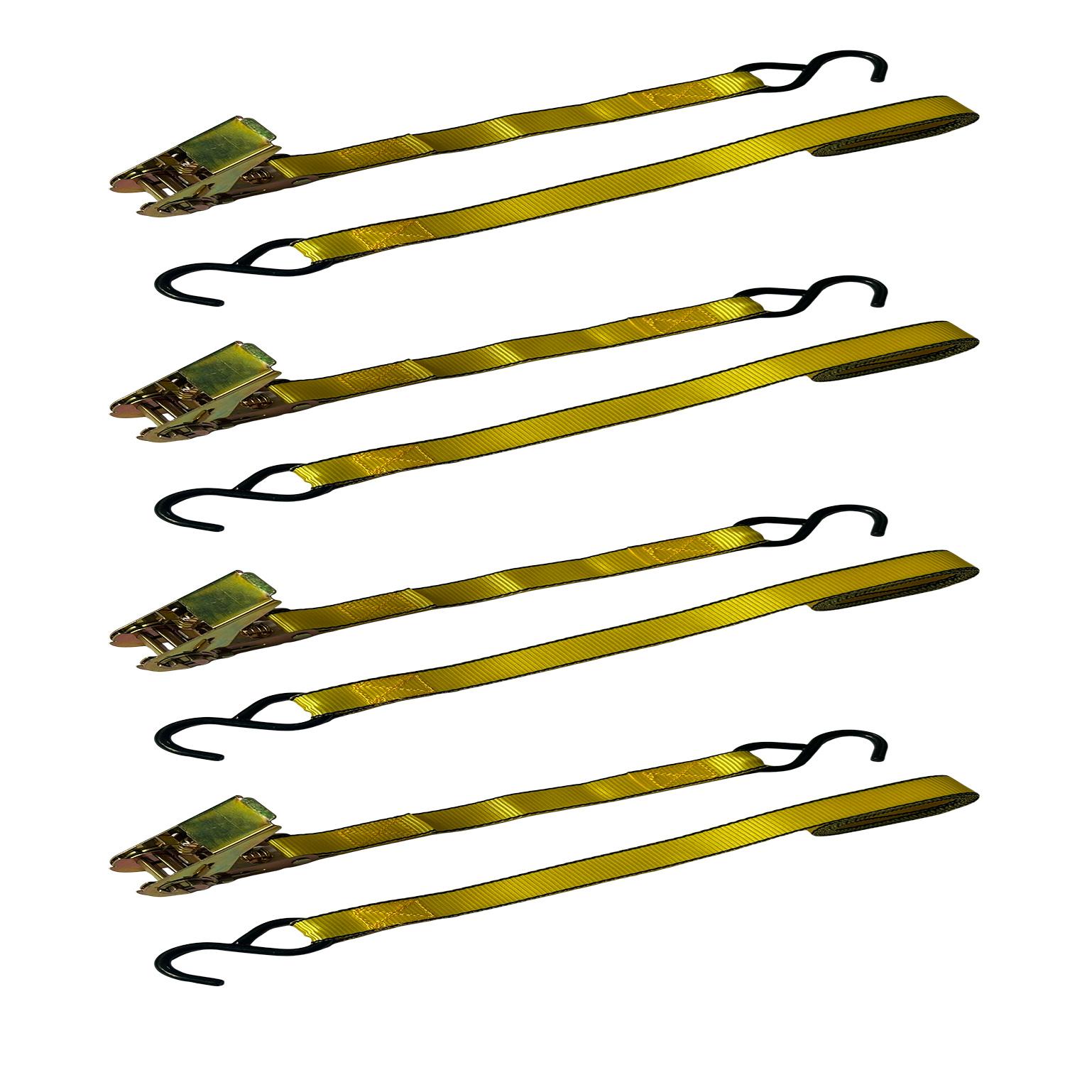 1"x 10' 900lb Yellow Web Tie-Down with S Hooks-4/Pack