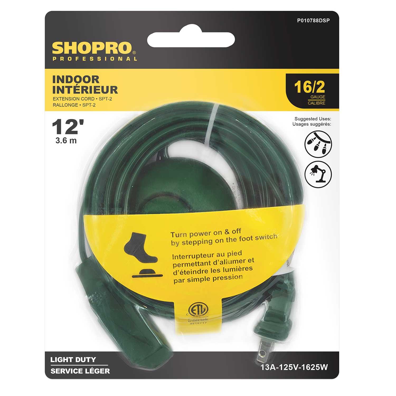16/2 3-Outlet 12' Indoor Extension Cord Foot Switch Green