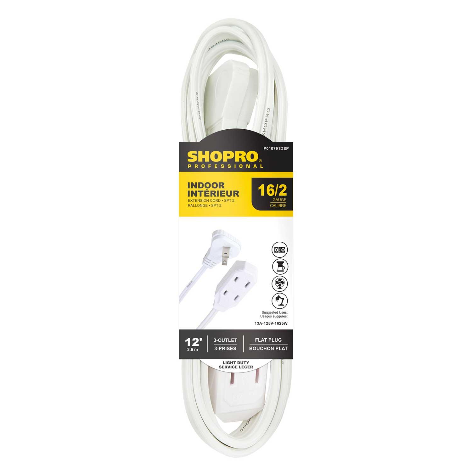 16/2 SPT-2 3-Outlet 12' Indoor Extension Cord White