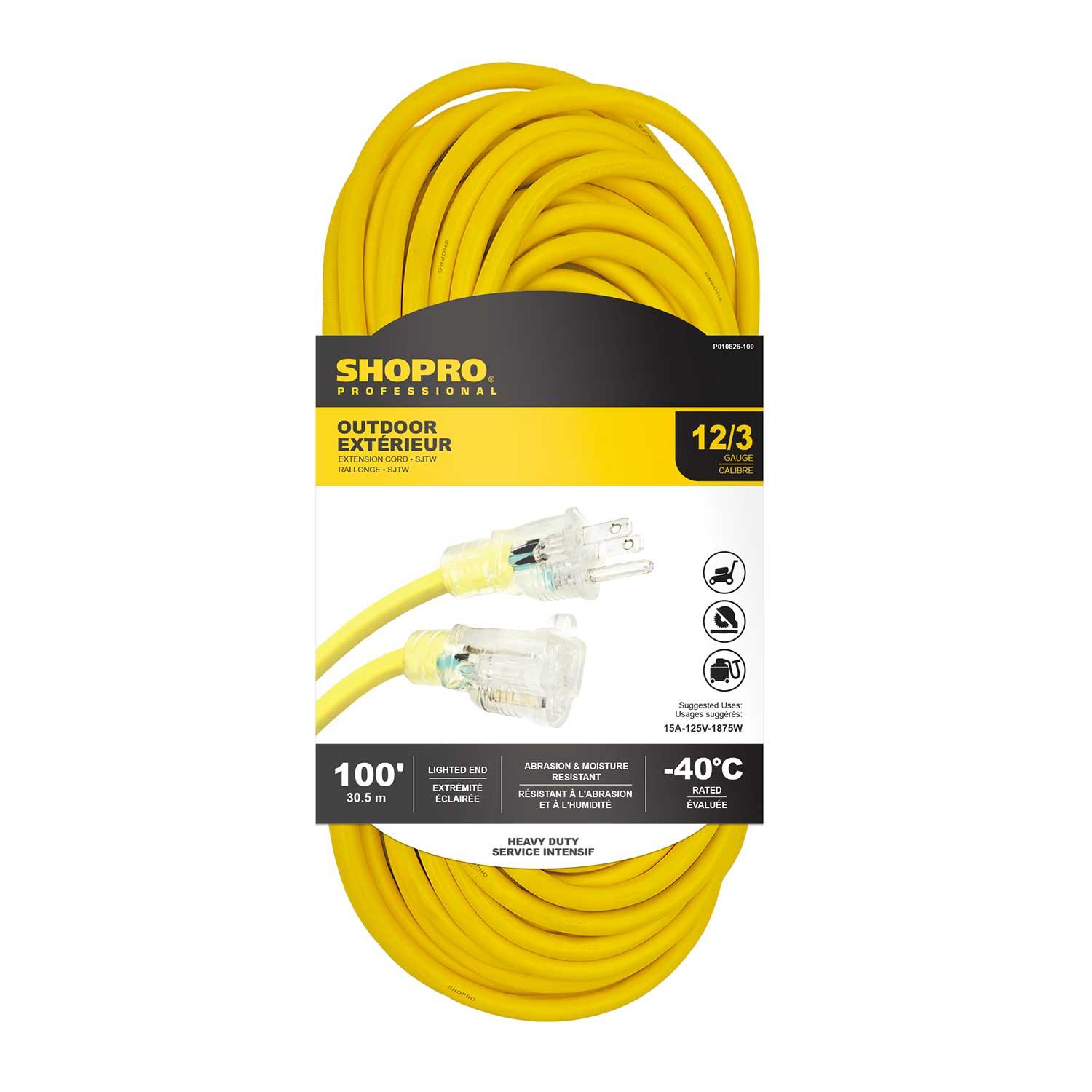 Rallonge extérieure 12/3 SJTW 100' embout lumineux jaune
