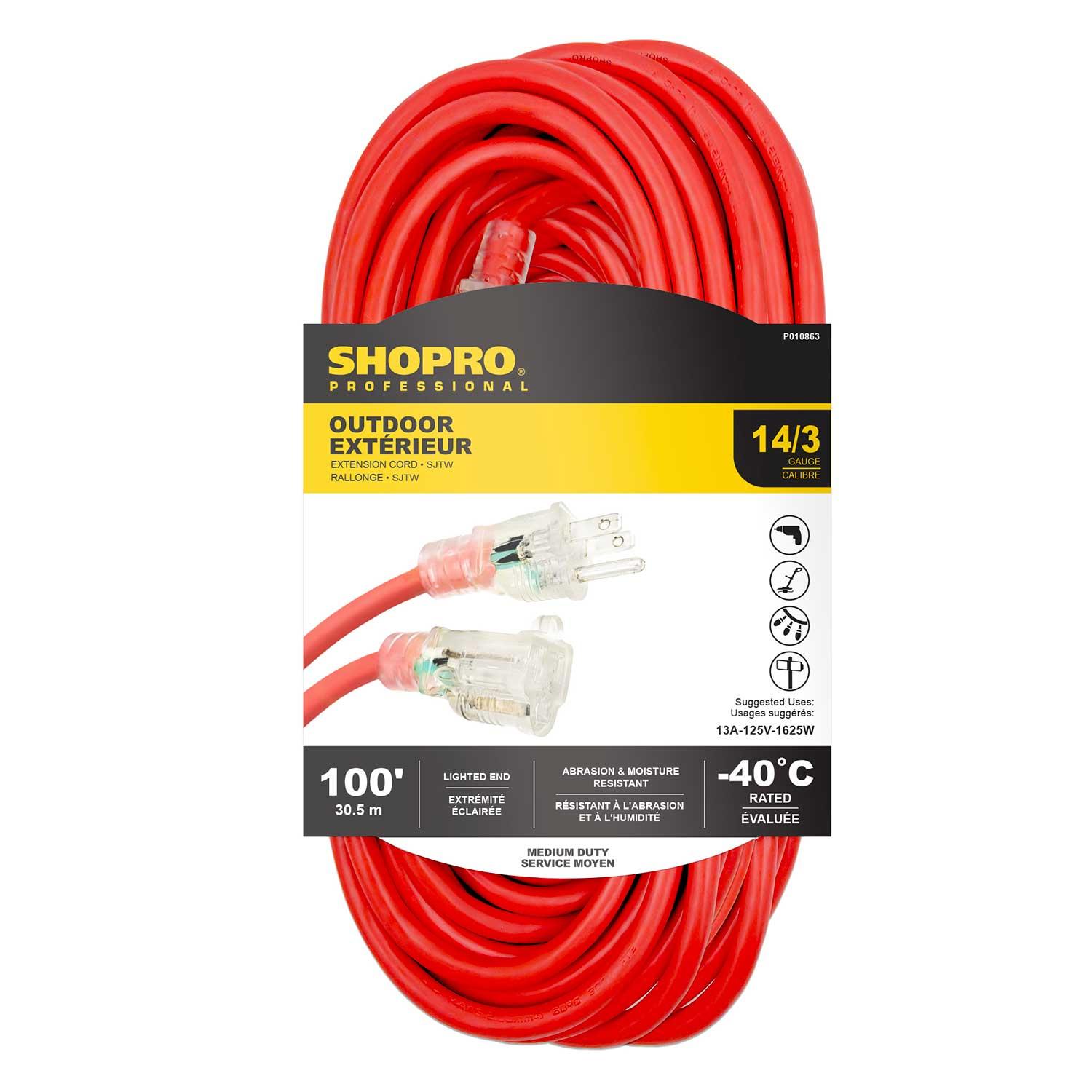 14/3 SJTW 100' Lit End Outdoor Extension Cord Red