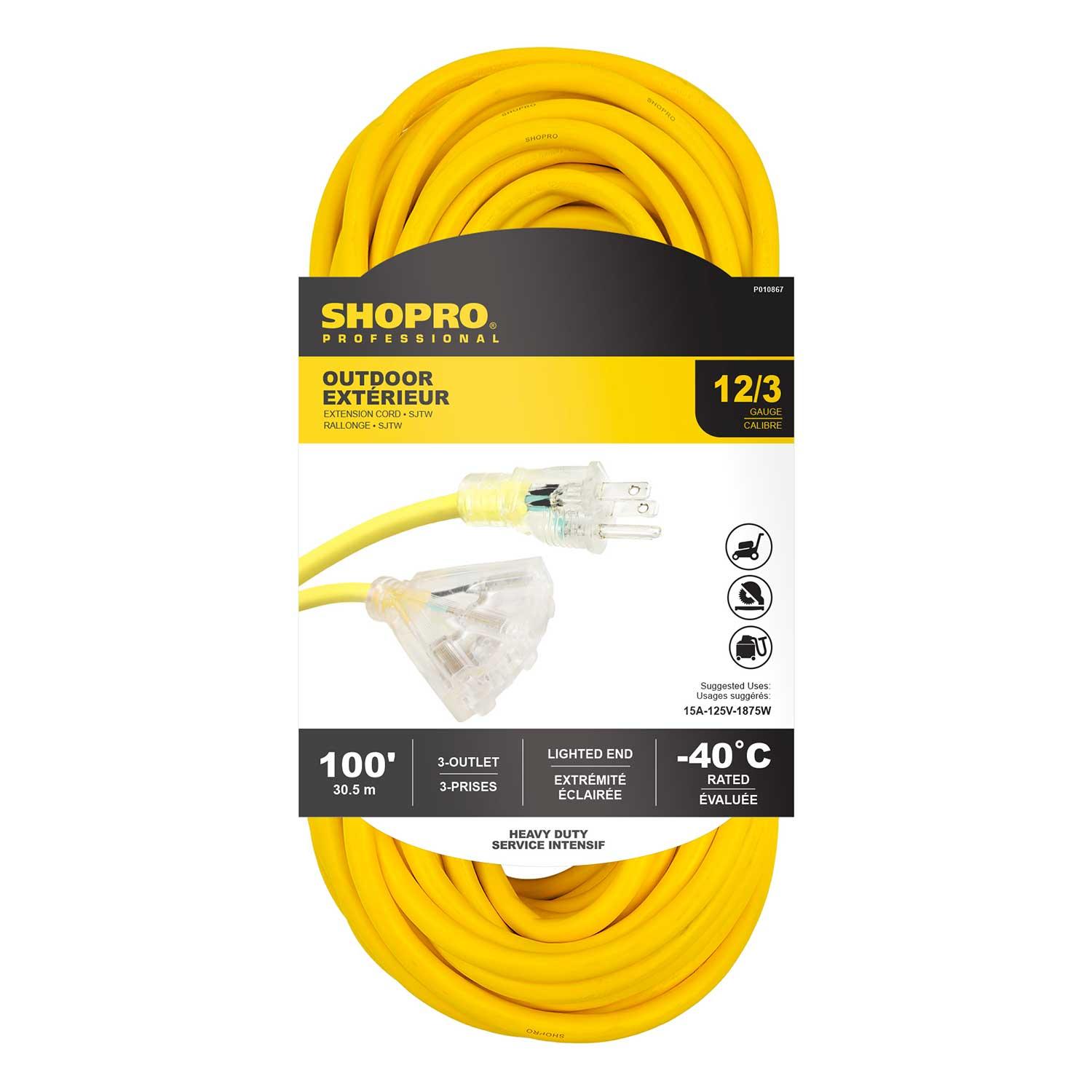 Rallonge extérieure 12/3 3 prises 100' embout lumineux jaune