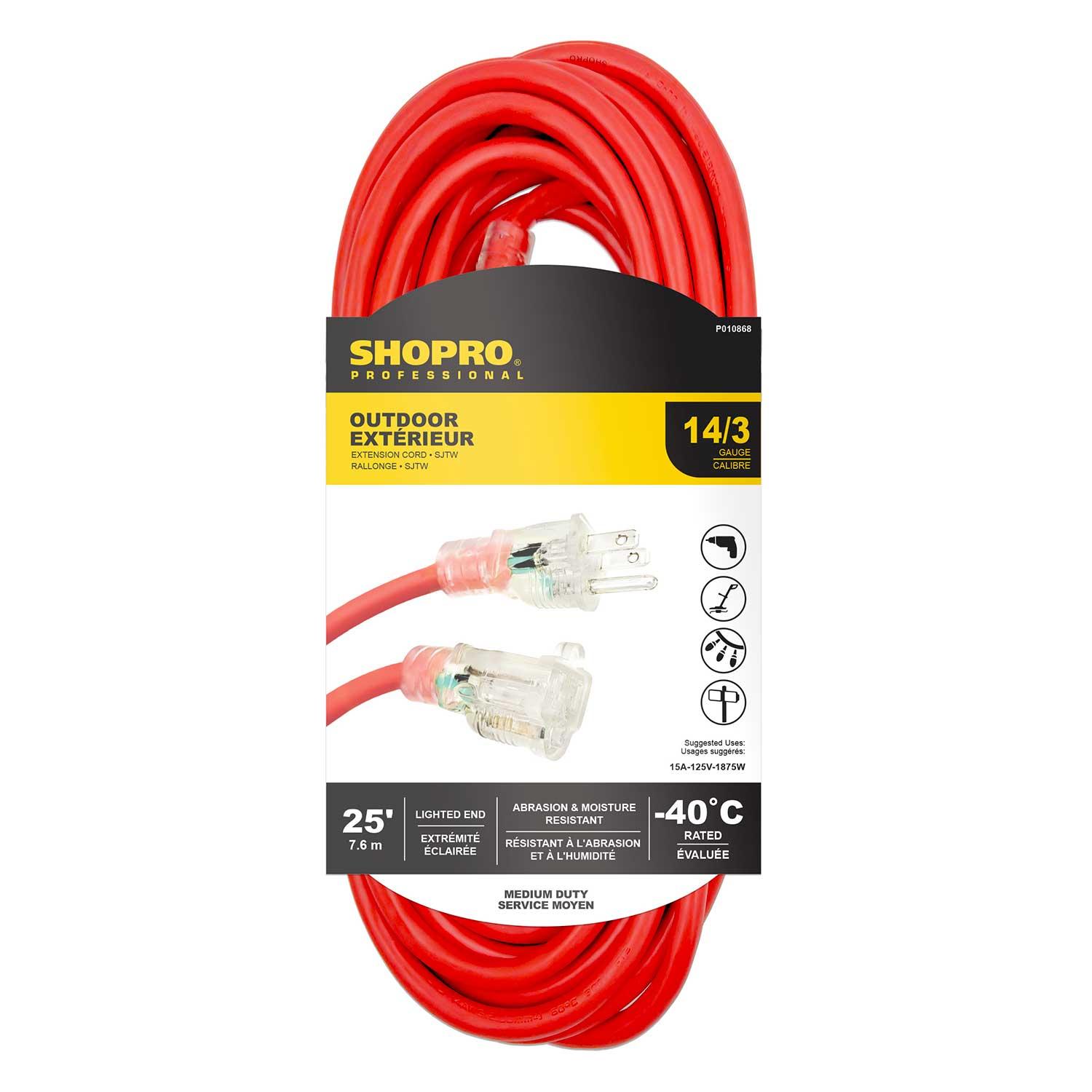 14/3 SJTW 25' Lit End Outdoor Extension Cord Red