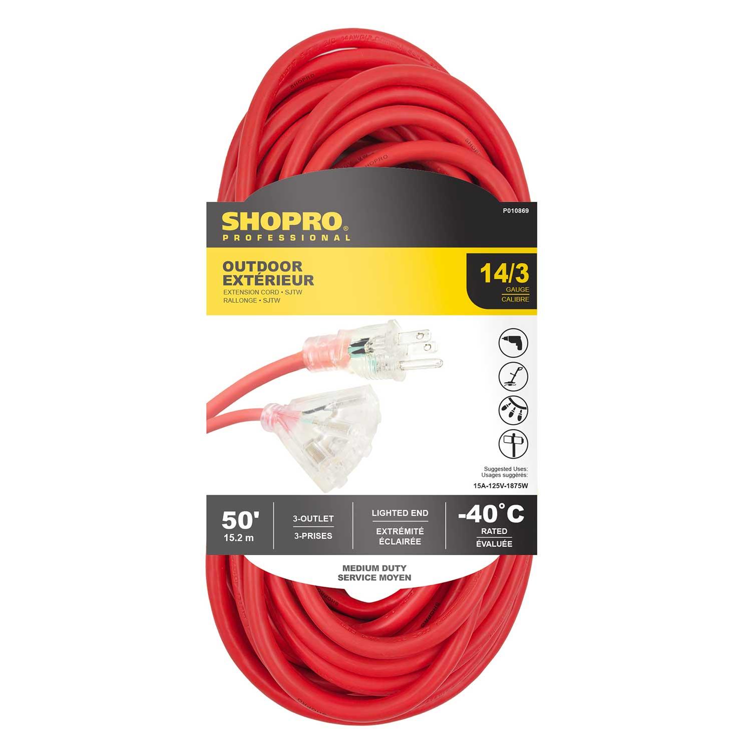 Rallonge ext 14/3 SJTW 3 prises 50' embout lumineux rouge