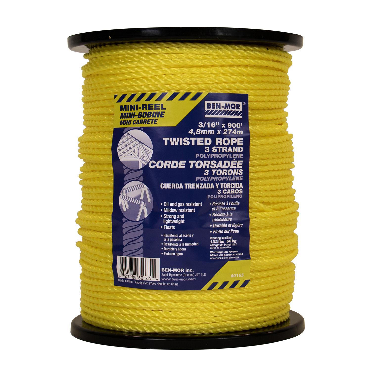 Twisted 3-Strand Polypropylene Rope Yellow - 3/16" x 900'