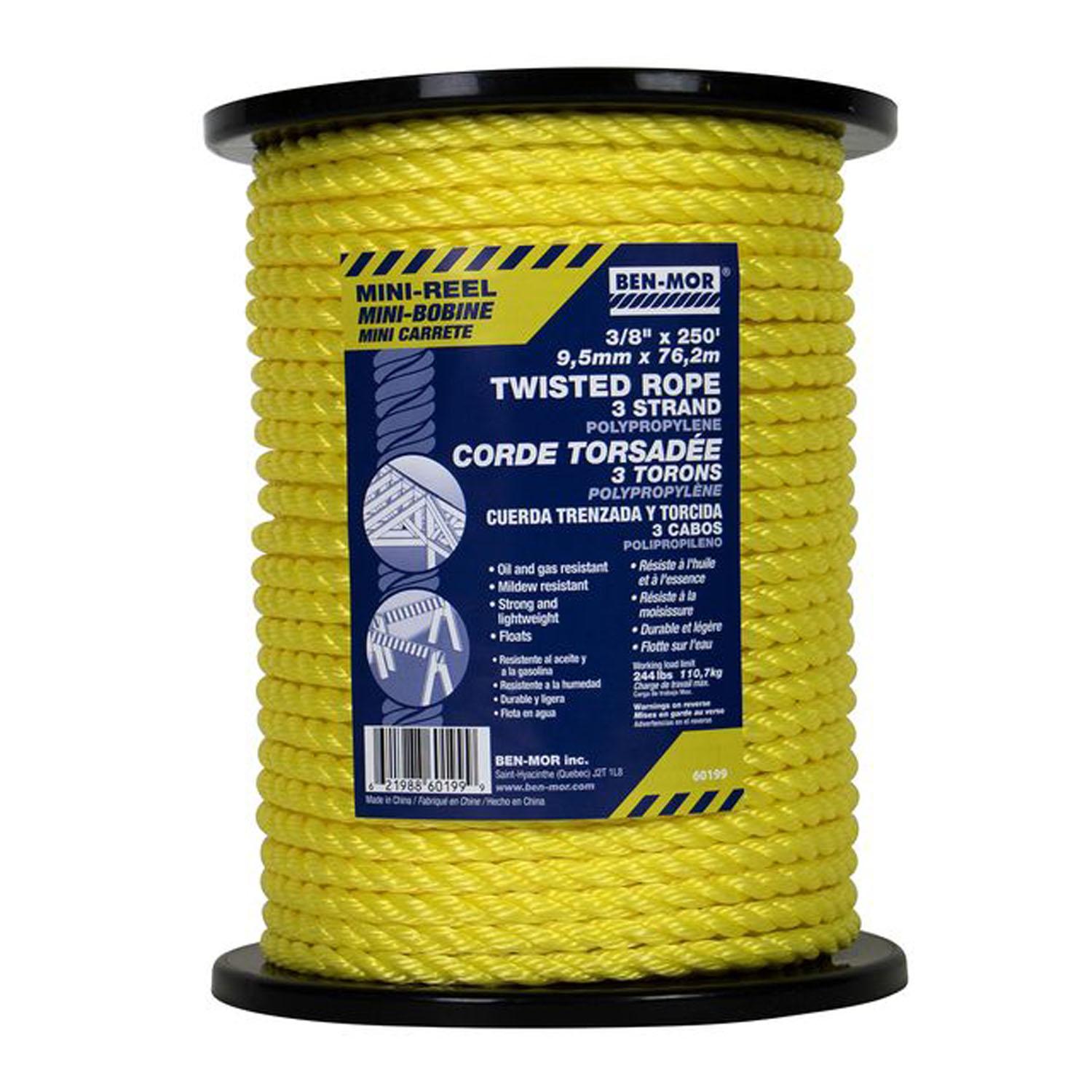 Twisted 3-Strand Polypropylene Rope Yellow - 3/8" x 250'