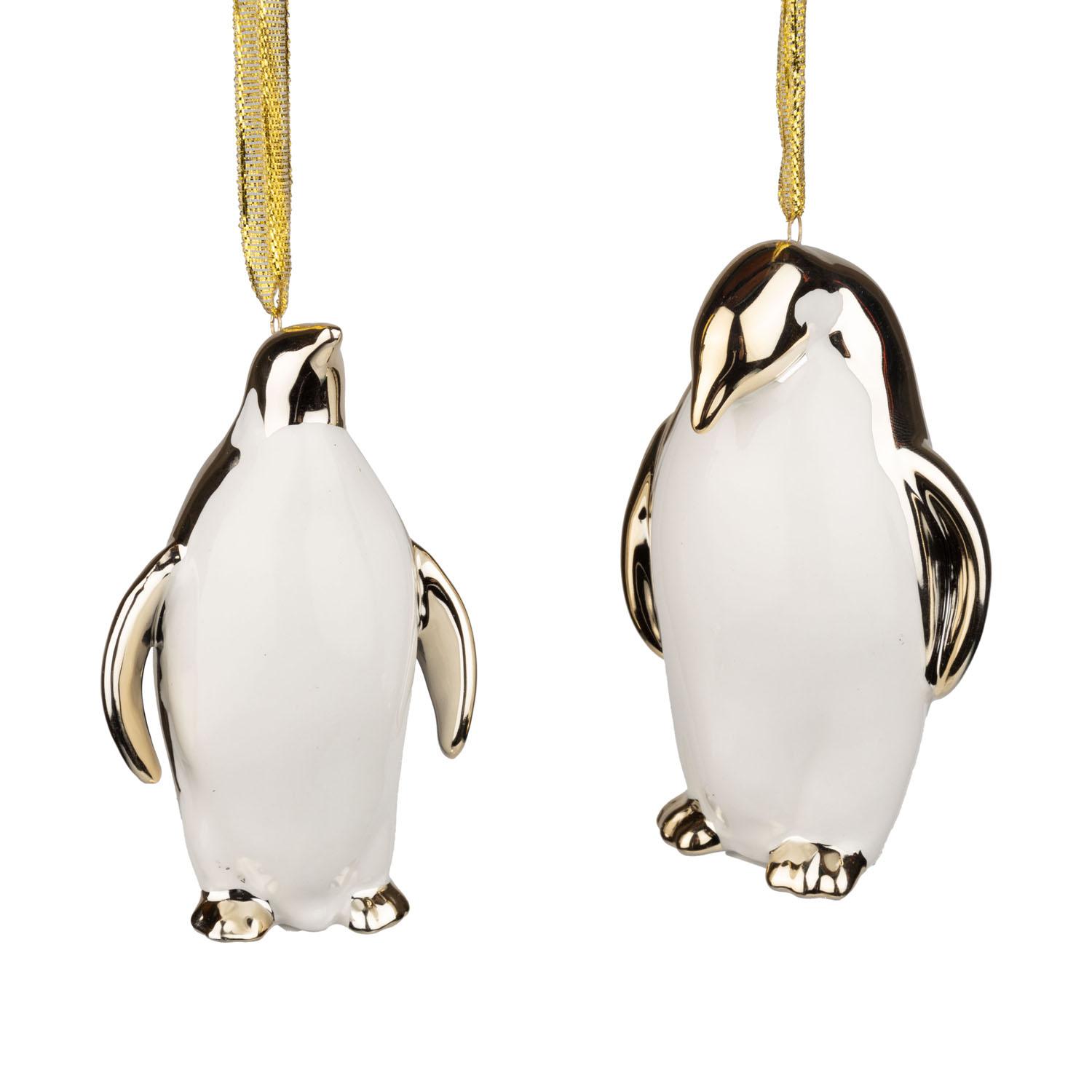 Ornements céramique doré/blanc – 2 pingouins