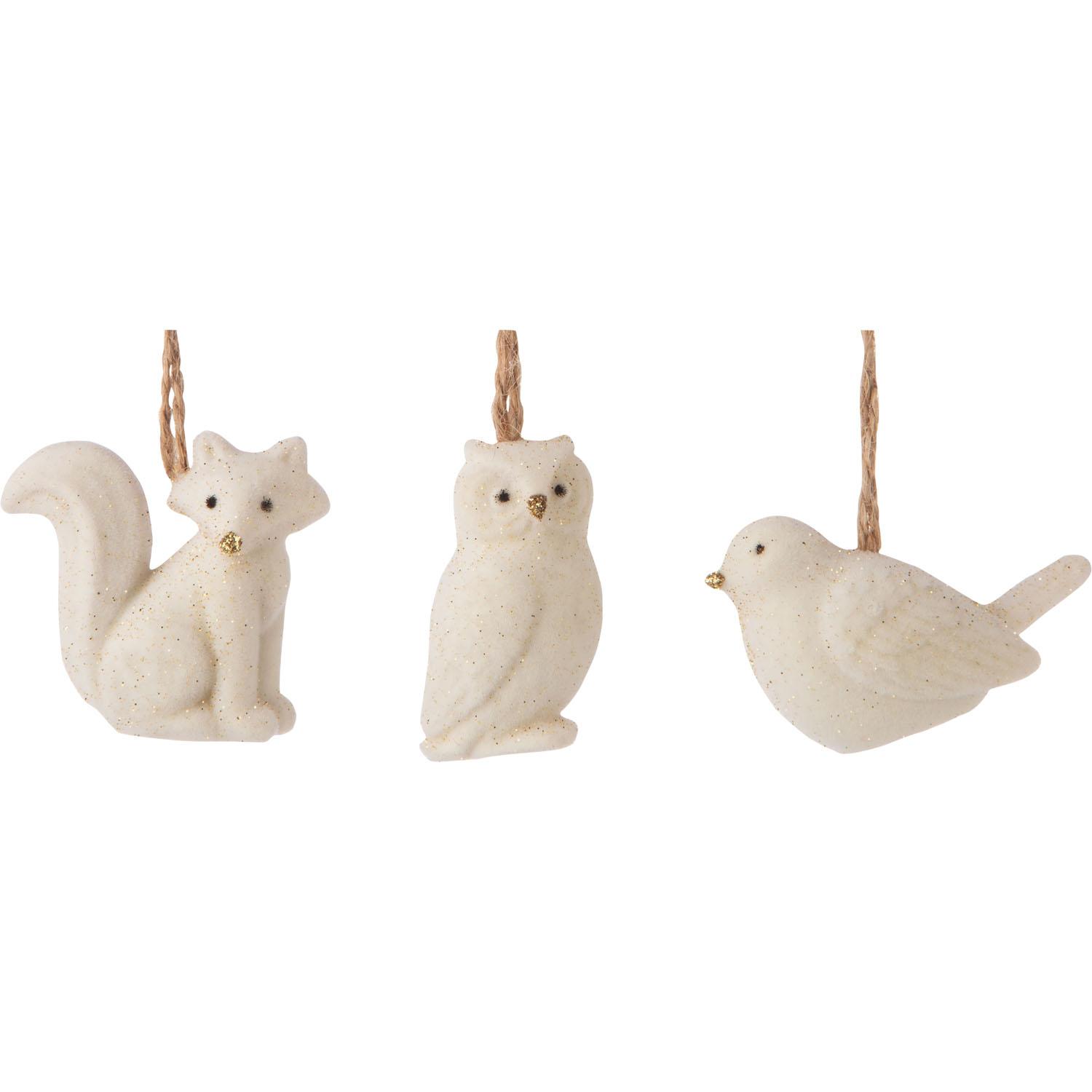 Ornements renard, hibou, oiseau blancs – assortiment de 3
