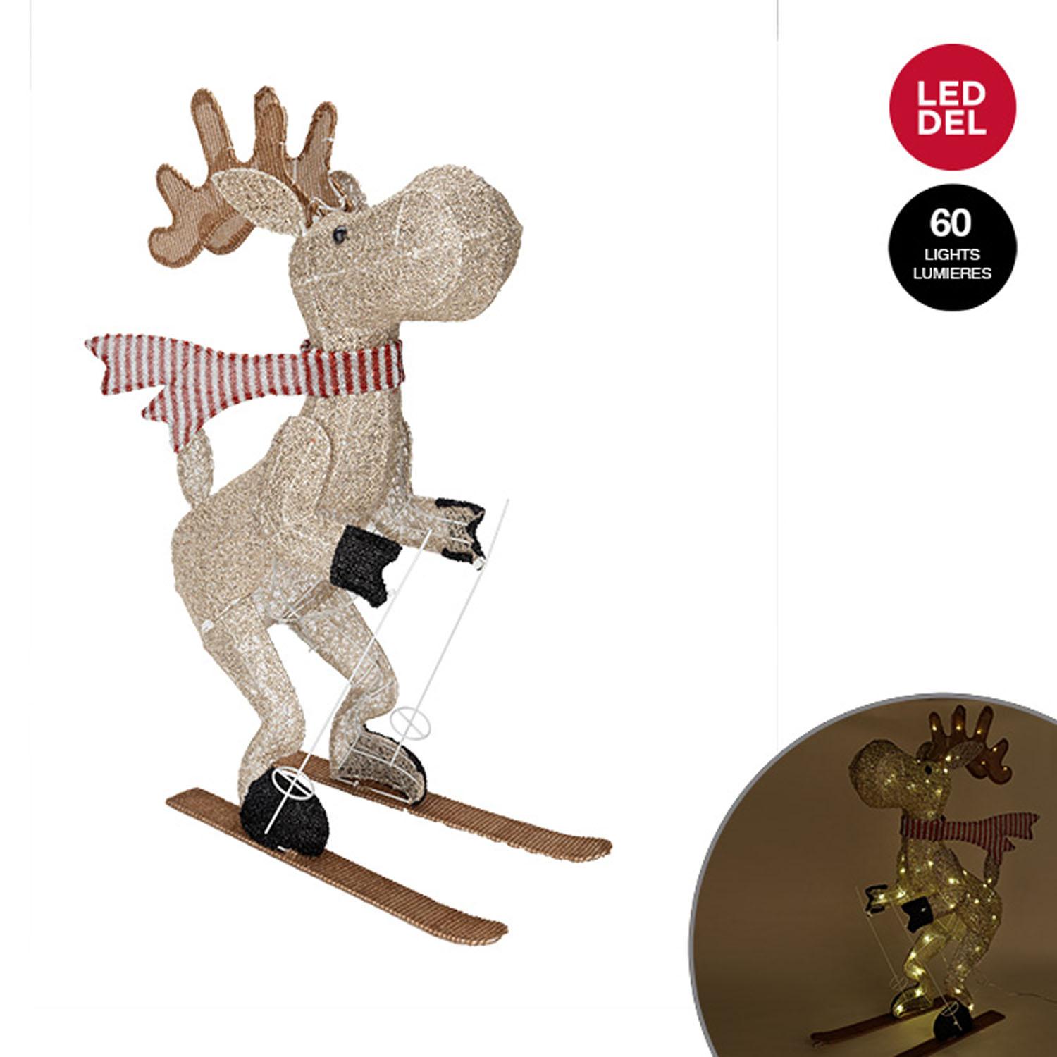 Sculpture d’orignal en ski avec lumières DEL blanc chaud- 3'