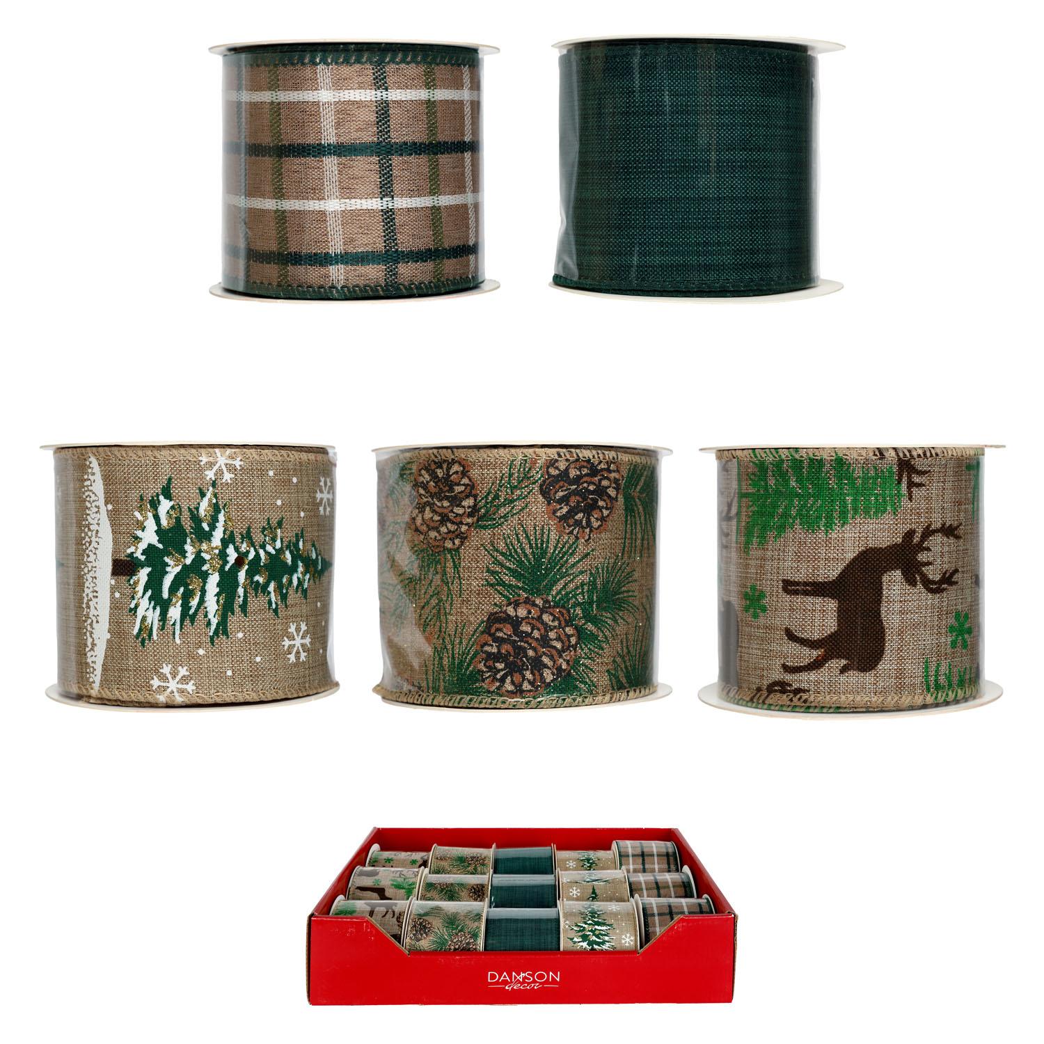Fabric Ribbon Green And Brown 3 Assorted Designs