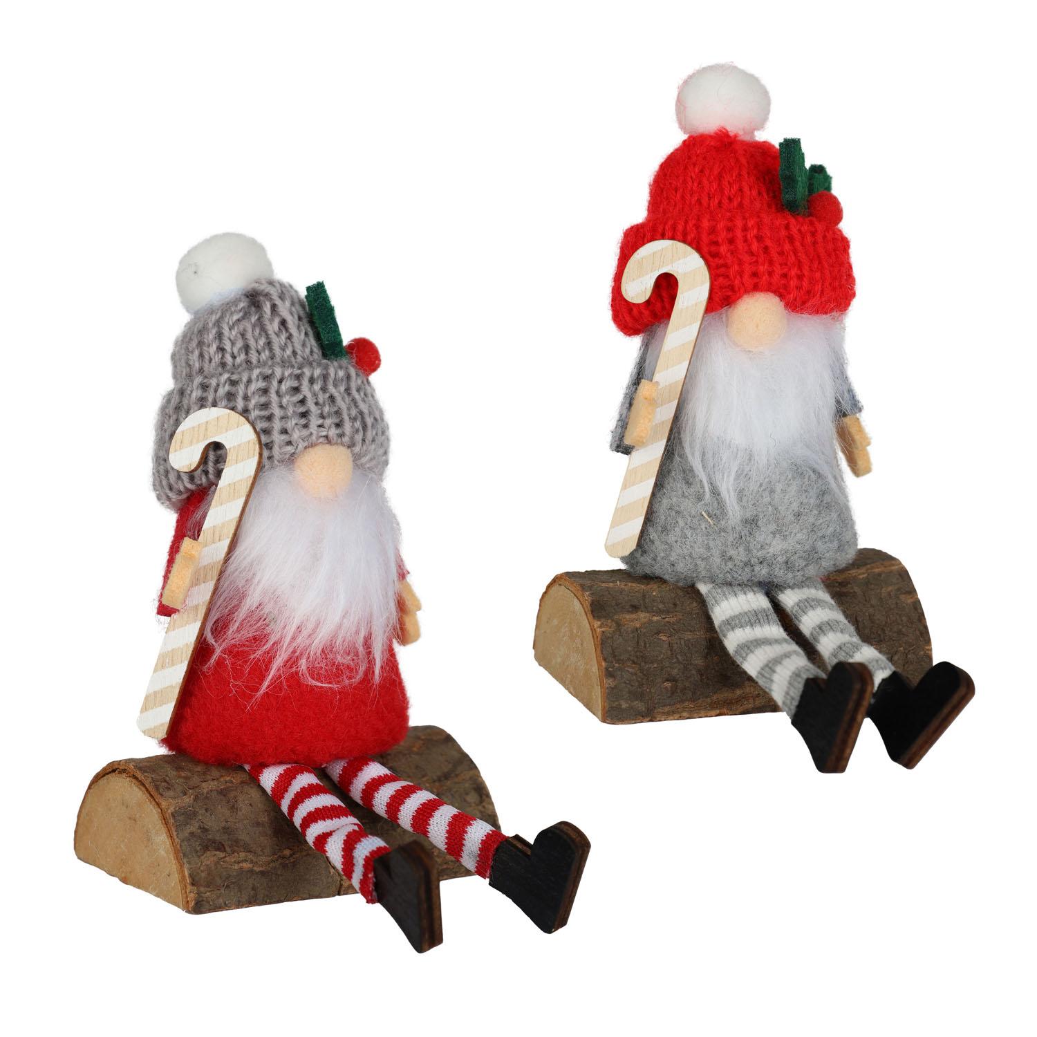Gnome en tissu Père Noël assis sur une bûche- 2 assortiments