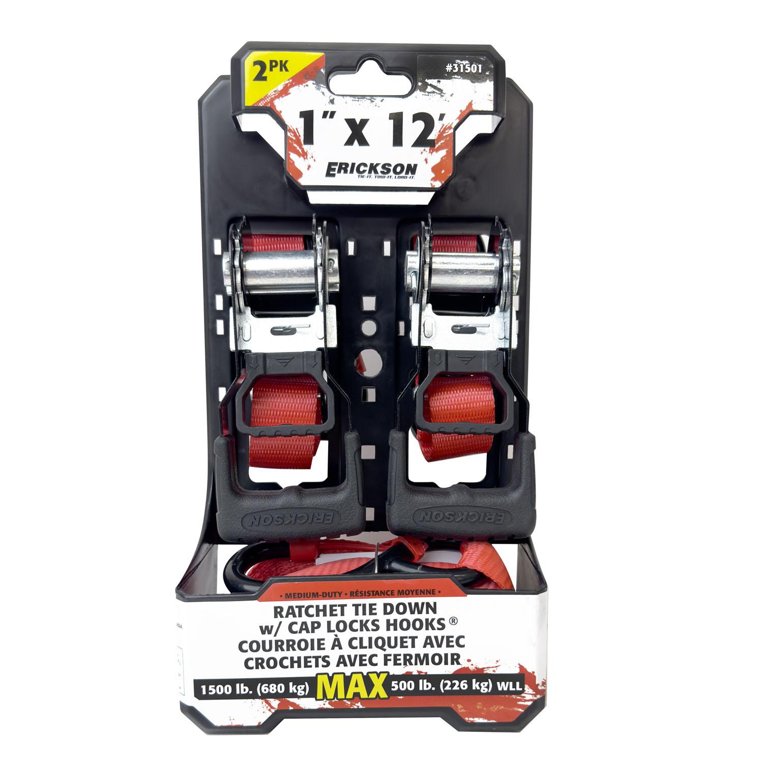 Ratchet Tie Down with Cap Lock Hooks 1" x 12' 1500lb- 2/Pack