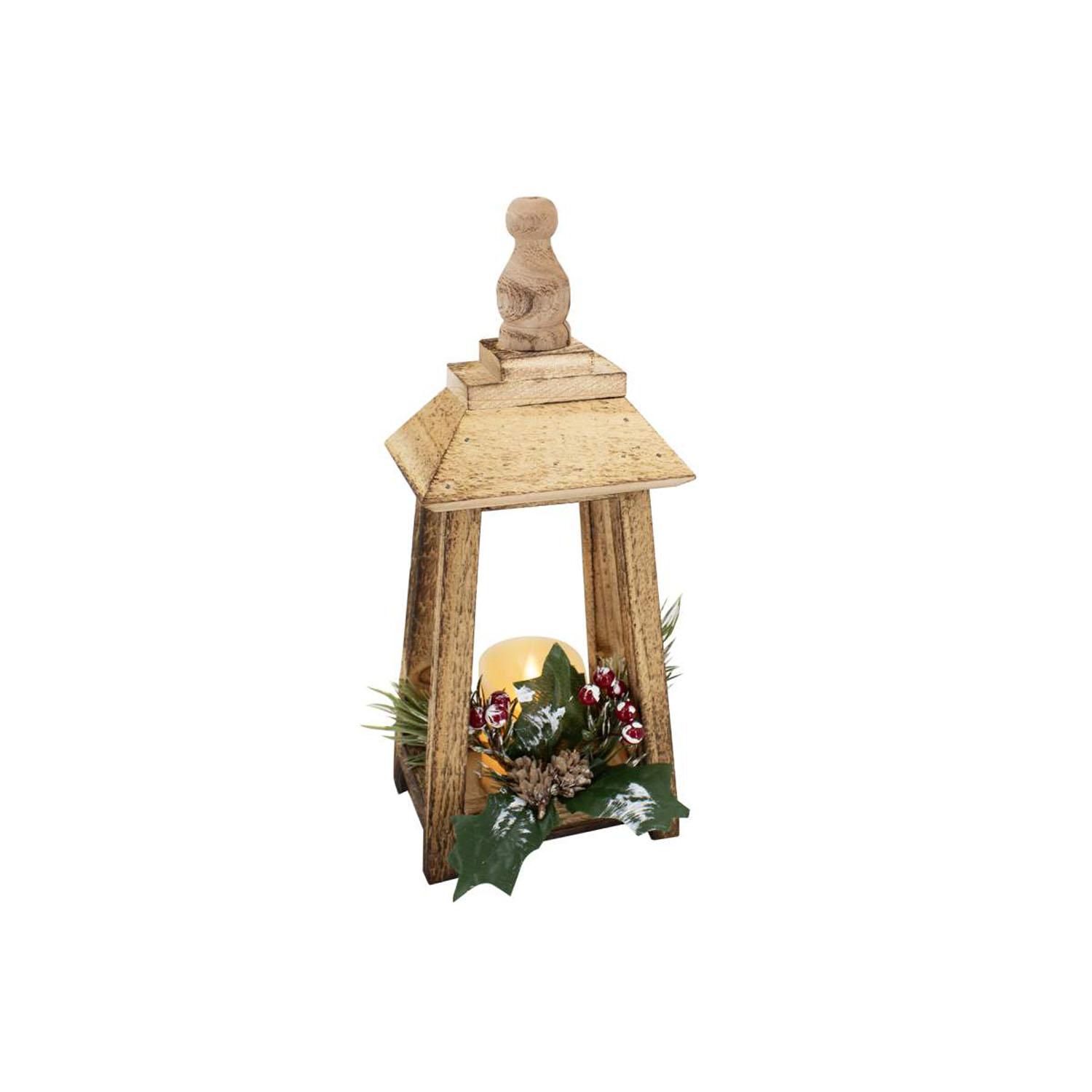 Lanterne en bois naturel avec bougie DEL