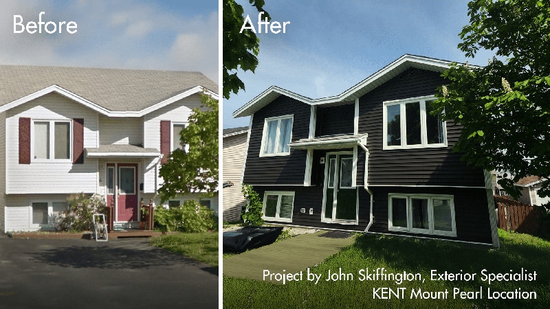Photos comparatives d'une maison, affichant les changements apport&eacute;s lors de la r&eacute;novation, mettant l'accent sur l'esth&eacute;tique et la structure am&eacute;lior&eacute;es.