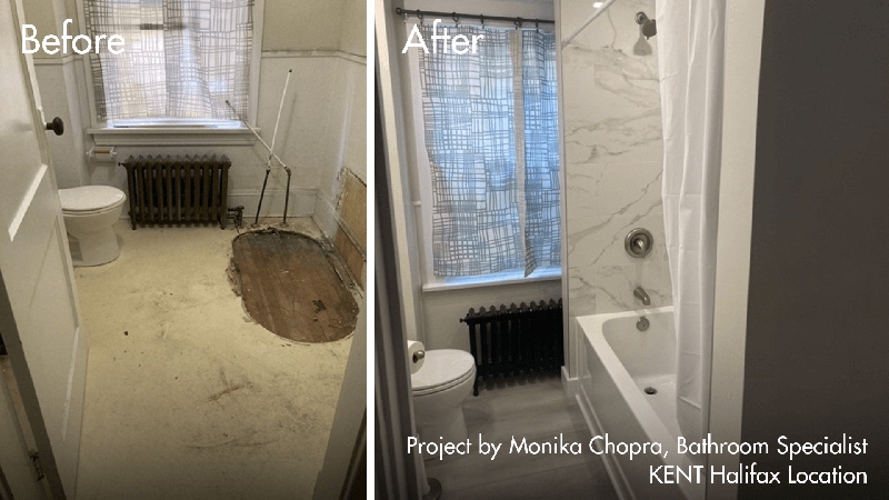 Comparaison visuelle de la transformation d'une salle de bain, mettant en &eacute;vidence les changements effectu&eacute;s au cours du processus de r&eacute;novation.