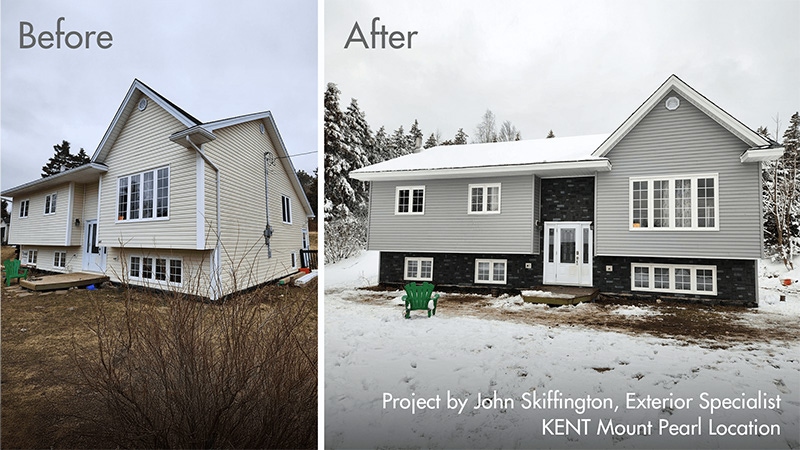 Photos d'hiver c&ocirc;te &agrave; c&ocirc;te d'une maison, illustrant la transformation de la neige et l'aspect g&eacute;n&eacute;ral d'avant en apr&egrave;s.